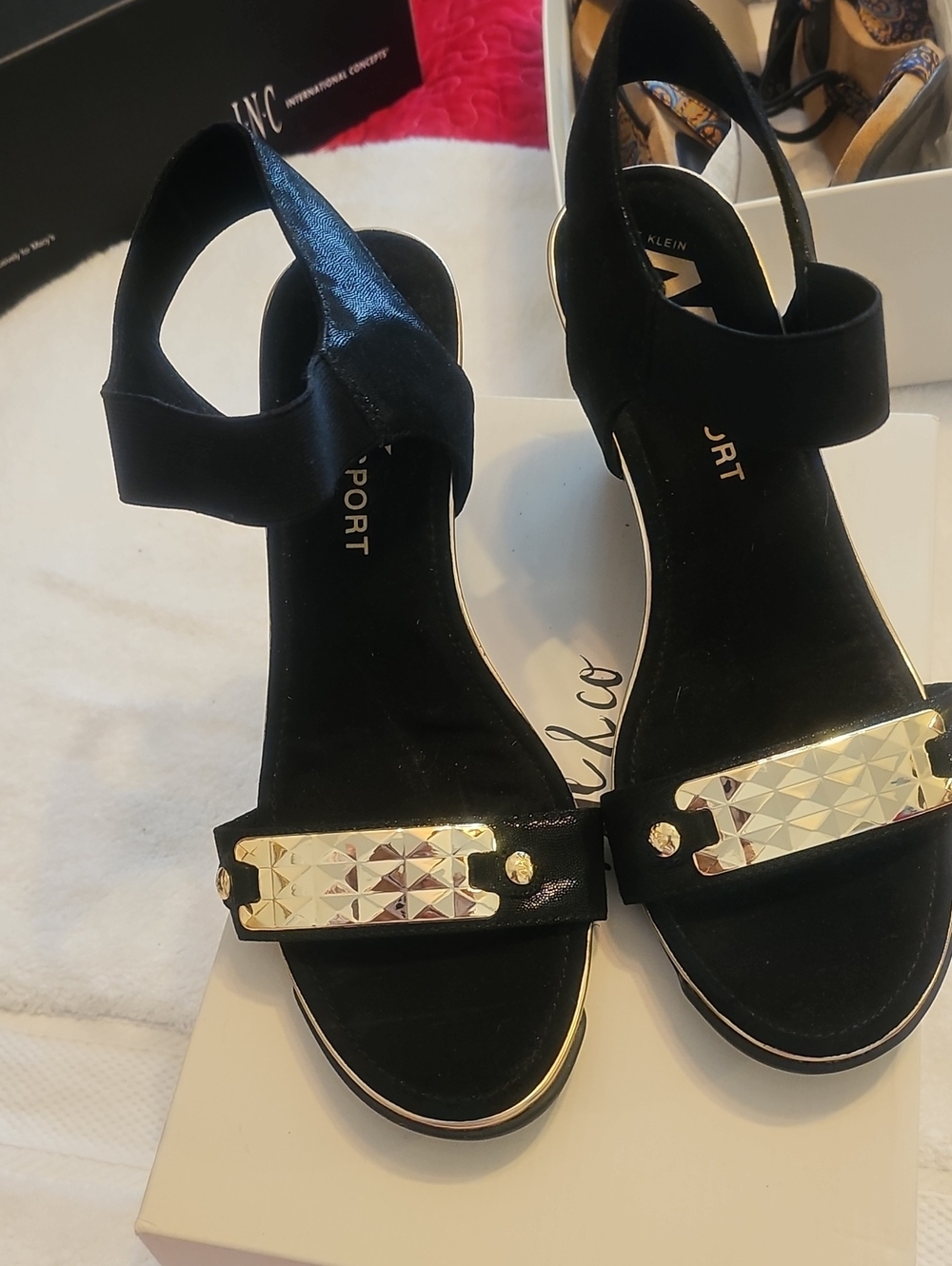 Anne Klein Black Slingback Sandals with Gold Accent Plate